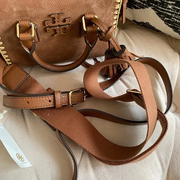 Tory Burch Thea Whipstitch Grizzly Mini Web Satchel - Picture 12 of 15